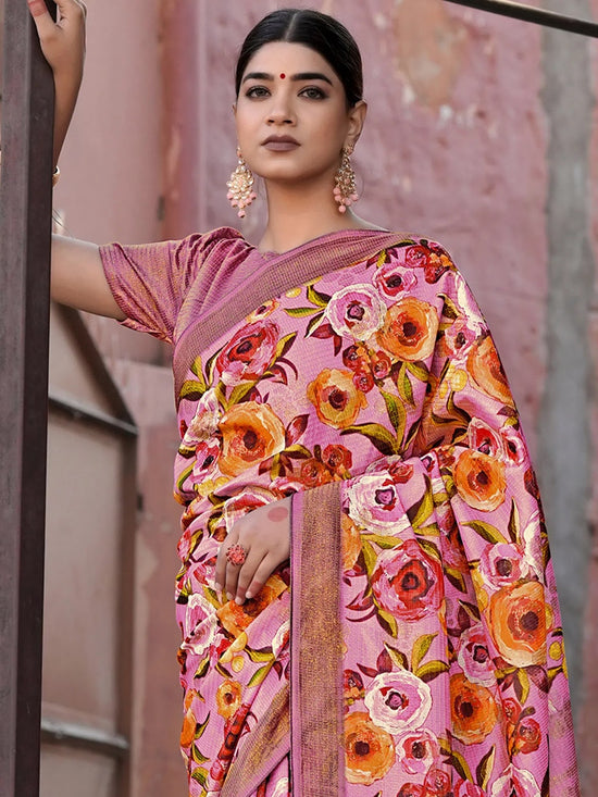 Saree Mall Women's Linen Blend Mauve Printed Designer Saree With Blouse Piece-NITRA307