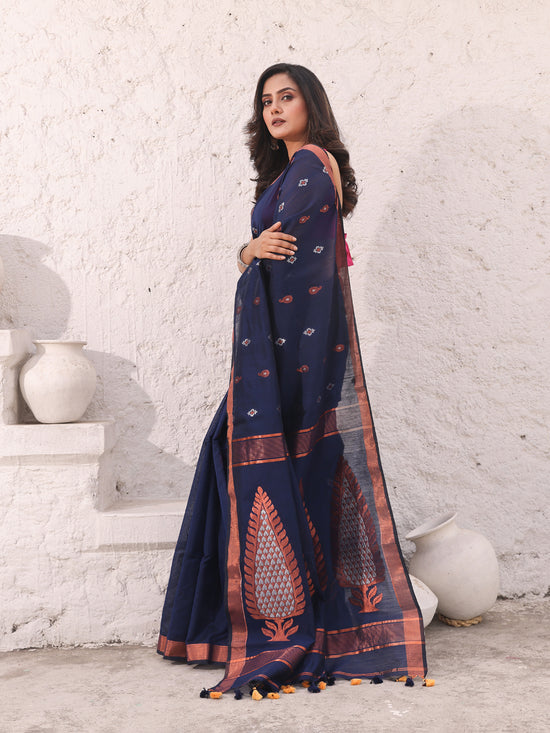 Navy Blue Cotton Saree With Woven Designs And Zari Border-MA54BCT041380040