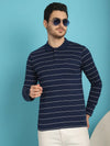 Venitian Men Striped Polo Neck Full Sleeves Blue T-Shirt Wih Pocket