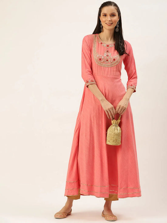 Women's Pink Embellished A-Line Kurtas-FS-1484-Peach