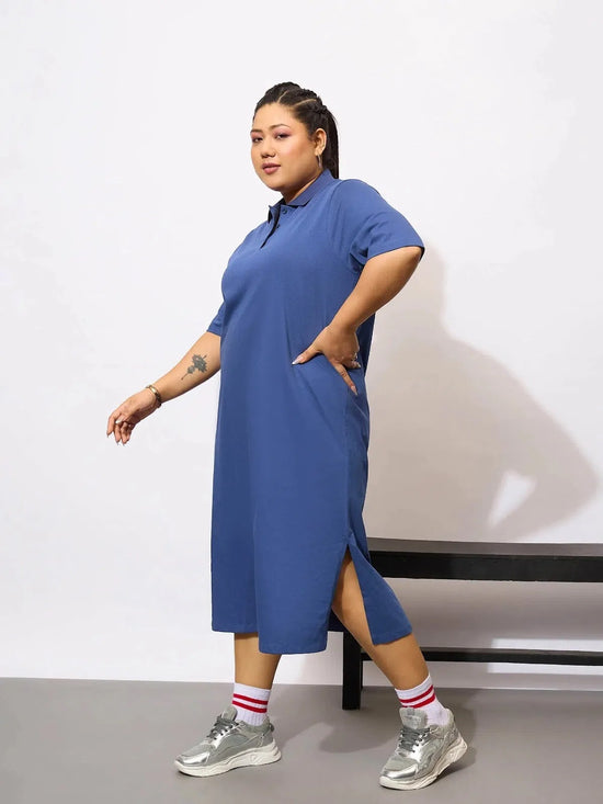 Women Navy Blue Polo Neck T Shirt Dress