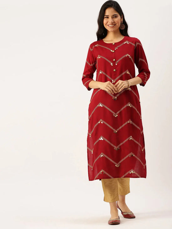 Women's Red Printed Straight Kurtas-GW-1778-Maroon