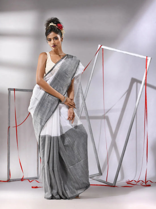 White Cotton Saree With Stripes Pattern Sequine Work-MA55CT06500133