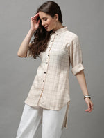 Women's Beige Checked Longline Shirt-AE-10418-Beige