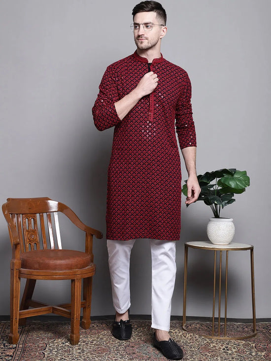 Sequin Embroidered Pure Cotton Kurta with Pyjamas-JOKP-P-5004Red