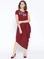 One side cowl asymettric dress with side floral print in Maroon