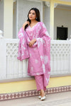 Vaasva Women Pink Kota Doria Embroidered Solid Kurta Set With Solid Pants & Printed Dupatta-144-Vaas-Pink