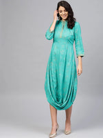 Front Cowl chinese collar printed dress in Mint Blue