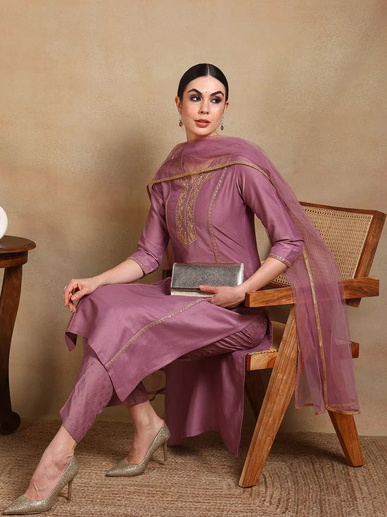 Ahika Women Mauve Silk Blend Embroidered Straight Kurta Palazzo Set With Dupatta