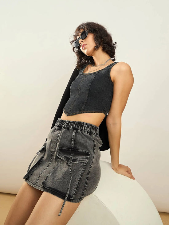 Women Grey Washed Denim Front Pocket Mini Skirt