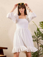 Women White Schiffli Smoked Short Dress