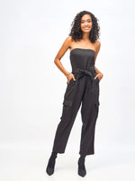 Women Black Twill Off-Shoulder Belted Jumpsuit