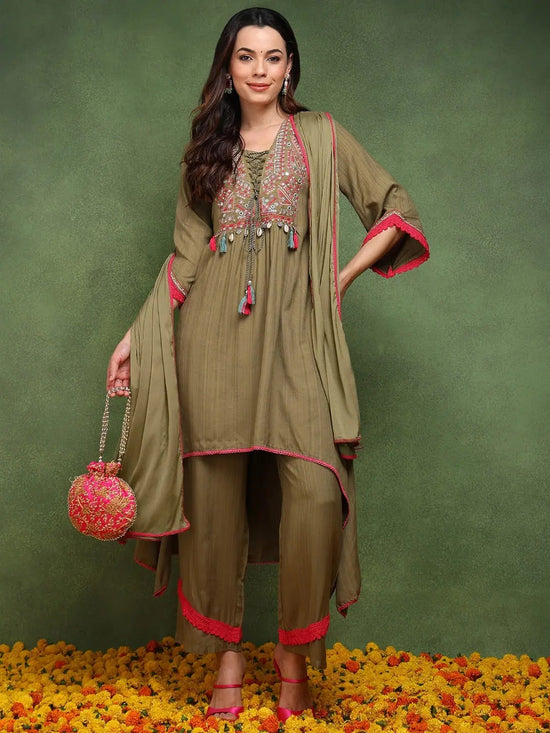 Ahika Women Olive Pure Cotton Solid Embroidered A-Line Kurta Palazzo With Dupatta