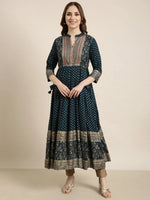 Women Anarkali Teal Floral Kurta-AT-A242-LG-Teal