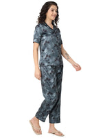 Smarty Pants Women's Silk Satin Chocolate Grey Color Palm Tree Printed Night Suit