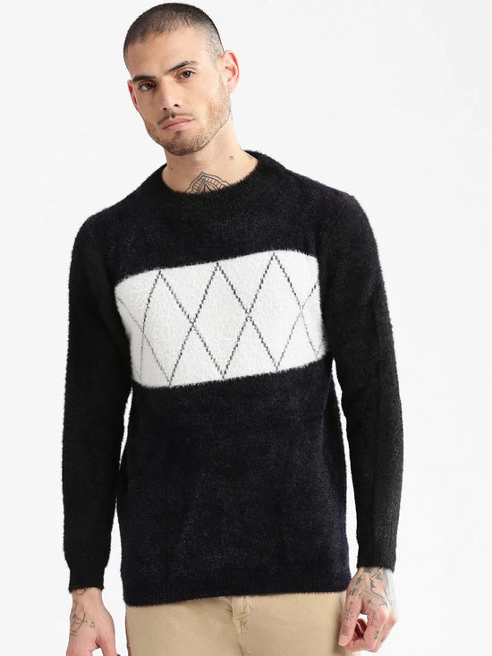 Men Round Neck Self Design Black Pullover-CH009-Black