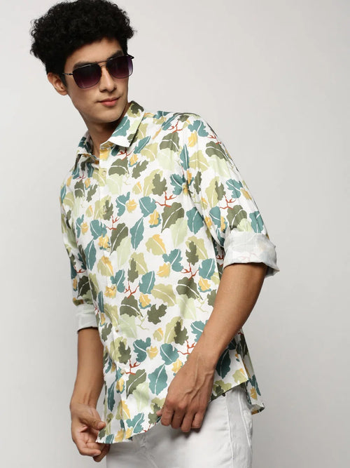 Men Green Floral Shirt-PRISM-M204-1607-Green