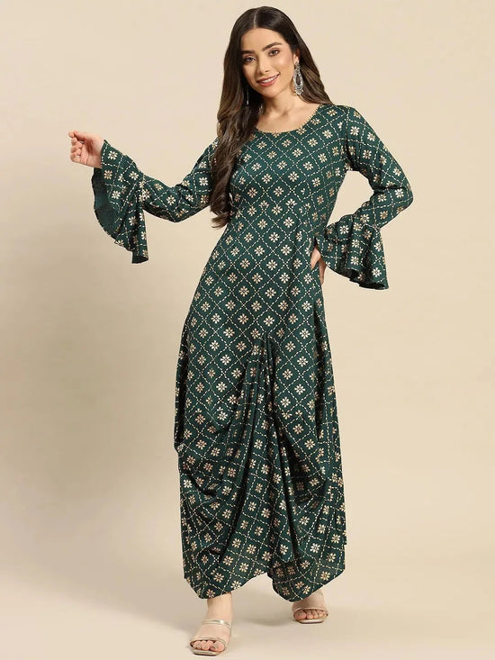 Bell Sleeve Long dress with front drape in Bottle Green