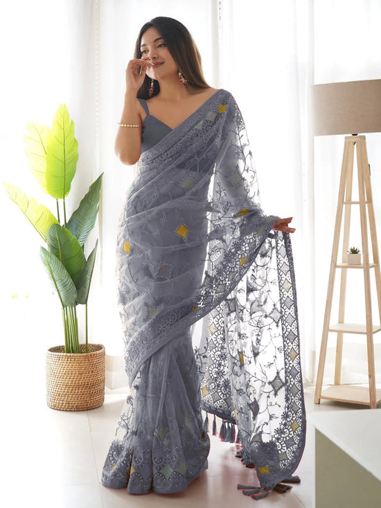 Saree Mall Women's Net Grey Embellished Designer Saree With Blouse Piece-AAVYA703