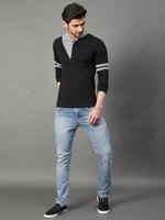 Rigo Black With Contrast Detailing Henley Full Sleeve Cotton T-Shirt