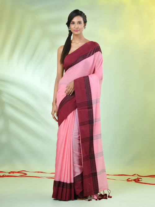 Pink Cotton Soft Saree With Contrasted Borders-MA62CT33720062