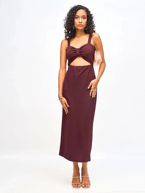 Women Burgundy Waist Cut Out Bodycon Dress