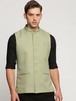 Men Olive Mandarin Collar Solid Nehru Jacket-AK-12527-4-Olive