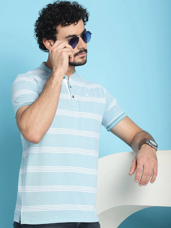 Venitian Men Henley Neck Striped Cotton Blue T-Shirt