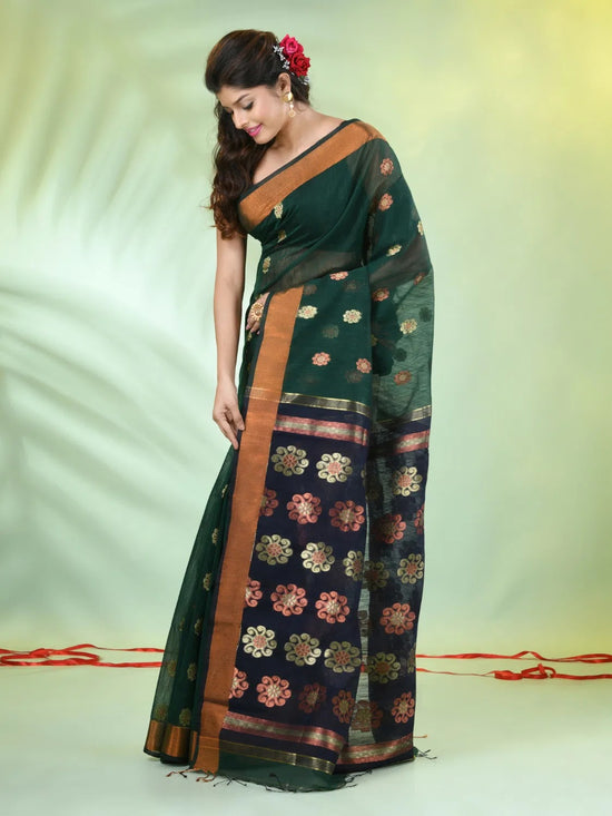 Green Cotton Saree With Ethnic Motifs-MA66BCT431050058