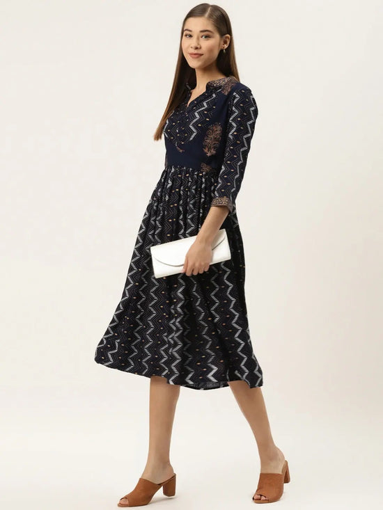 Printed Midi dress with mock waistcoat in navy