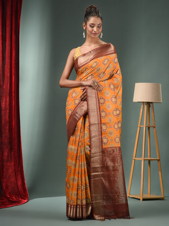 Yellow Blended Silk Handwoven Ajrakh Print Saree-MA50BSL34830020