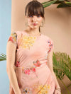 Women Peach Floral Back Cut Out Dress