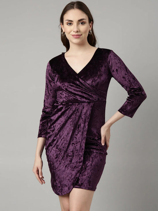 Women Purple Solid Wrap Dress-KW-2911-Purple