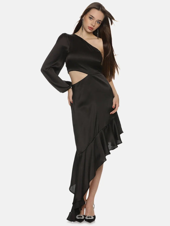 Solid Black One Shoulder Asymmetrical Dress-17303