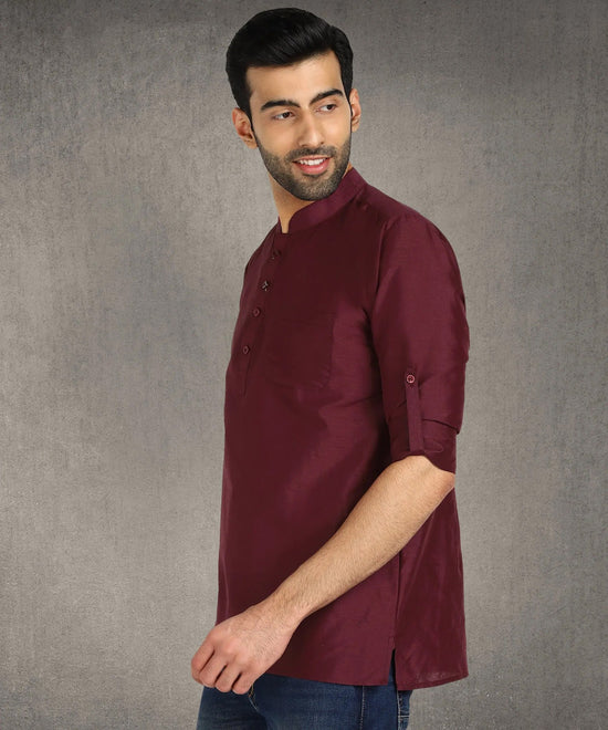 Hangup Men Standard Solid Men's Indian Wear-Maroon_Dupion_Patch_Short2Kurta