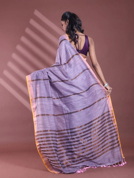 Grey Pure Cotton Zari Stripe Soft Saree With Zari Border-MA59CT06520063