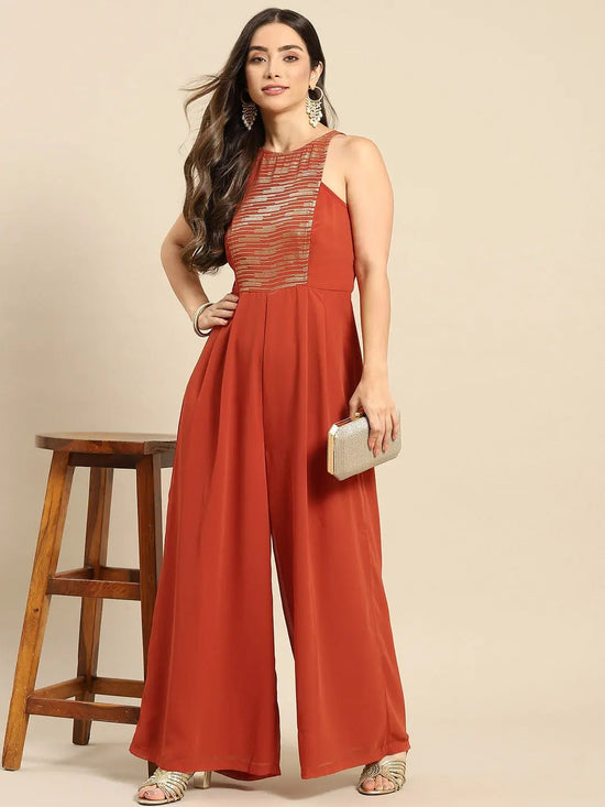 In cut pleated jumpsuit in Rust