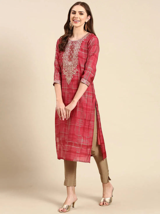 Women's Coral Embellished Straight Kurta-FS-2860-Coral