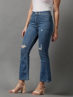 Women's Blue Solid Bootcut Denim Jeans-GZ-5304-2-Blue