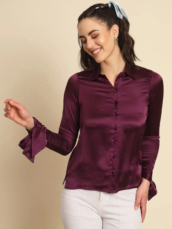 Purple Tie-up Sleeve Satin Shirt