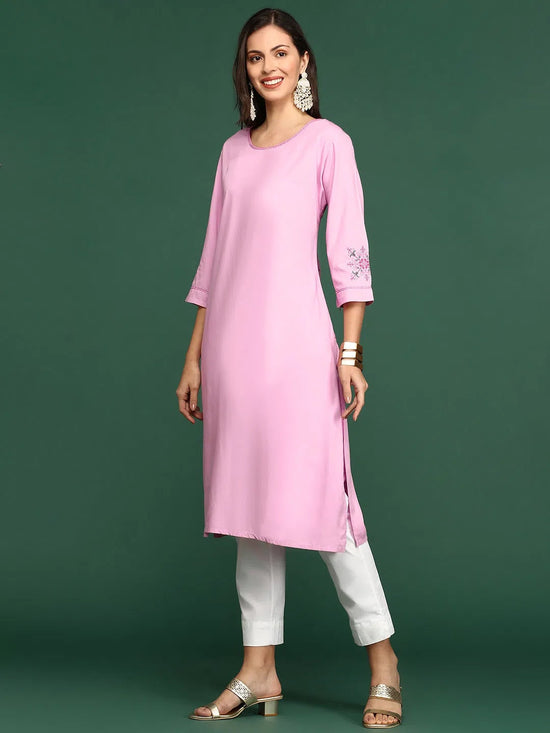 Women Pink Solid Straight Kurta-DF-1579-Pink