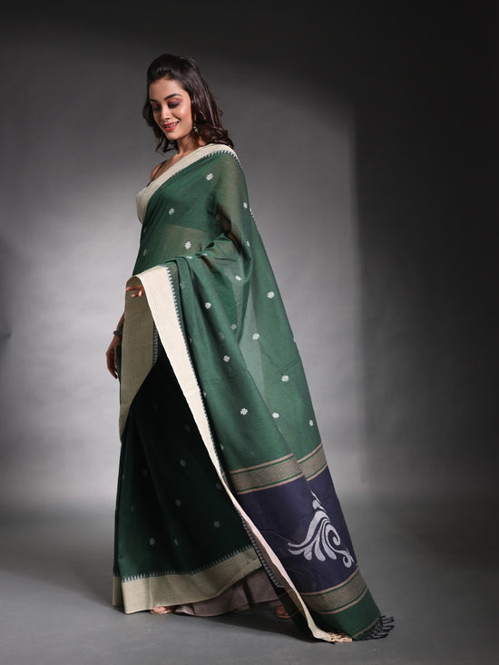 Dark Green Pure Cotton Soft Saree With Temple Border-MA54CT041380014