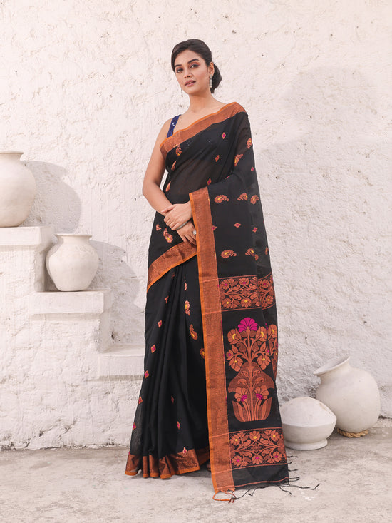 Black Cotton Saree With Woven Designs And Zari Border-MA54BCT041210044