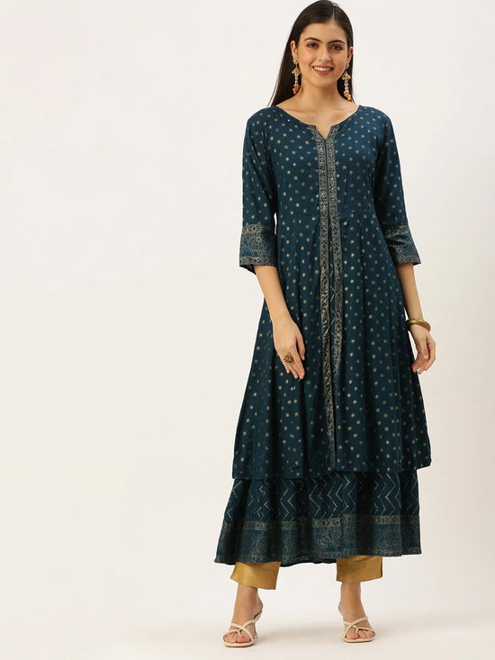 Women's Teal Printed Anarkali Kurtas-AT-A378-LG-Teal