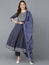 Ahika Women Navy Blue Rayon Embroidered Anarkali Kurta Pant Set With Dupatta