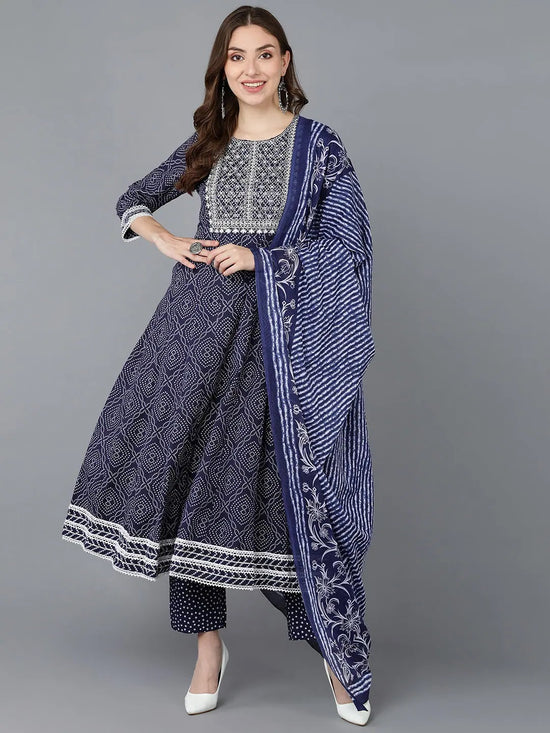 Ahika Women Navy Blue Rayon Embroidered Anarkali Kurta Pant Set With Dupatta