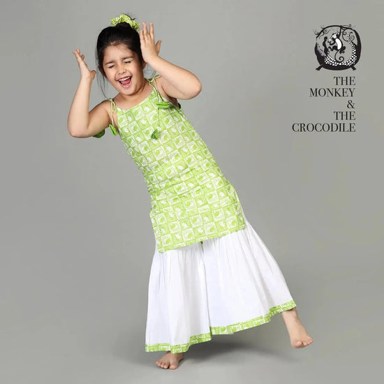 Cotton Kurta & Sharara Set For Girls with The Monkey & The Crocodile Print