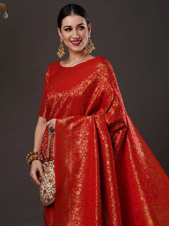 Saree Mall Women's  Blend Red Woven Design Designer Saree With Blouse Piece-14ALEKHA1402