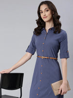 Women Blue Solid Shirt Dress-DF-4774-Blue