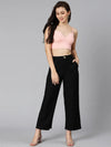 Solid black elasticated buttoned women Linen pant